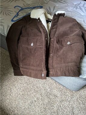 H&M Brown Corduroy Bomber Jacket with Cream Sherpa Collar